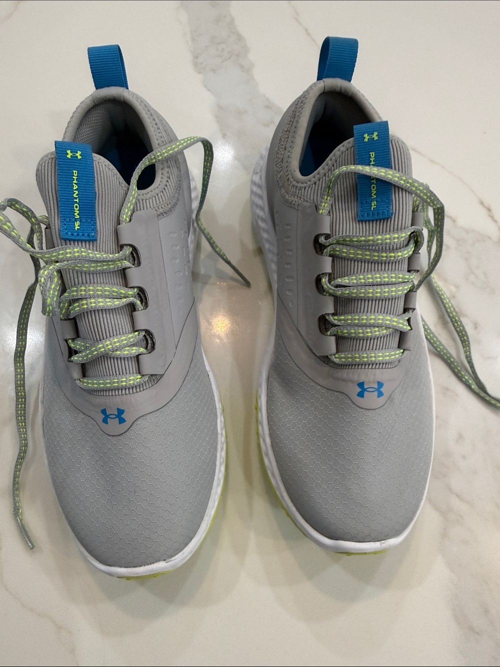 Under Armour Kids Gray Golf Shoes with Blue Logos and Lime Laces